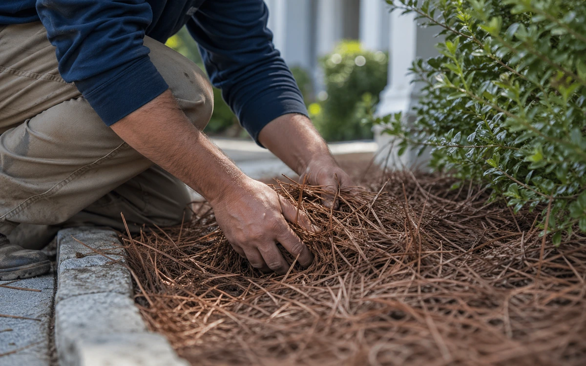 Pine straw installation landscaping hands closeup